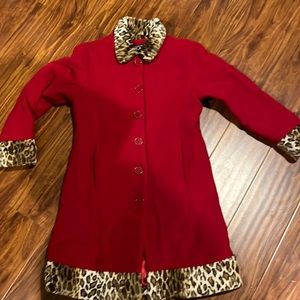 🌲Red/ Leopard wool holiday coat Girls size Large 10/12